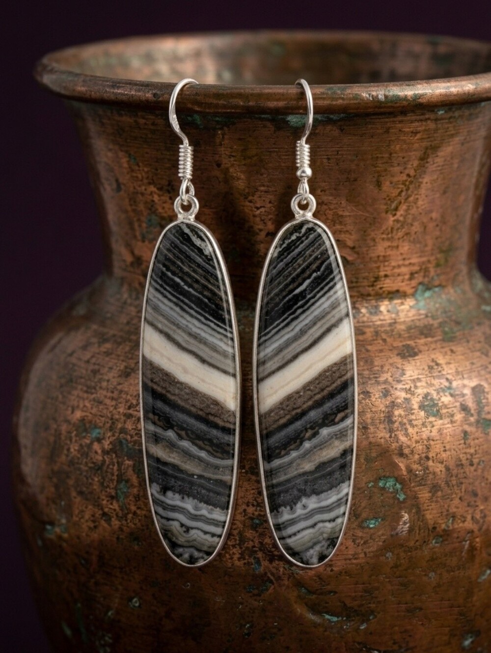 Zebra Calcite Earrings 925 Sterling Silver Long Oval Drop Dangle Bohemian 2.85"
